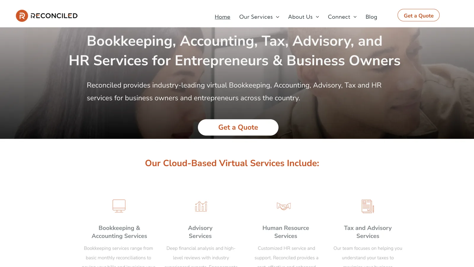 Screenshot of the Reconciled accounting website homepage
