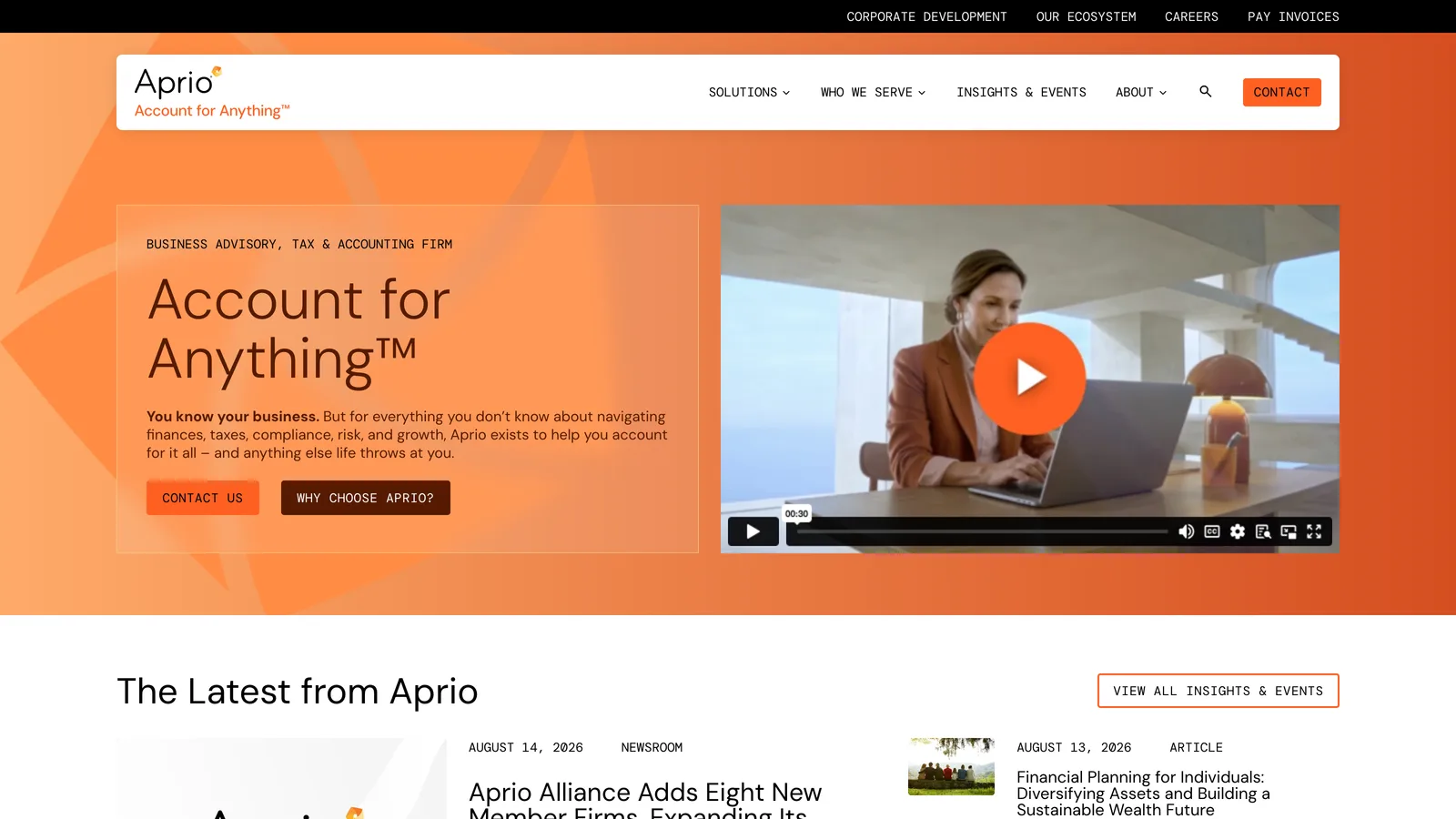 Screenshot of the Aprio accounting website homepage