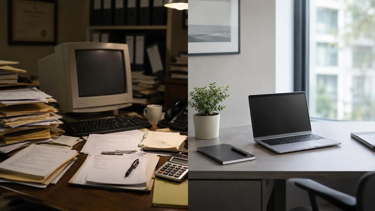 Split-screen comparison of an outdated accounting office and a modern workspace