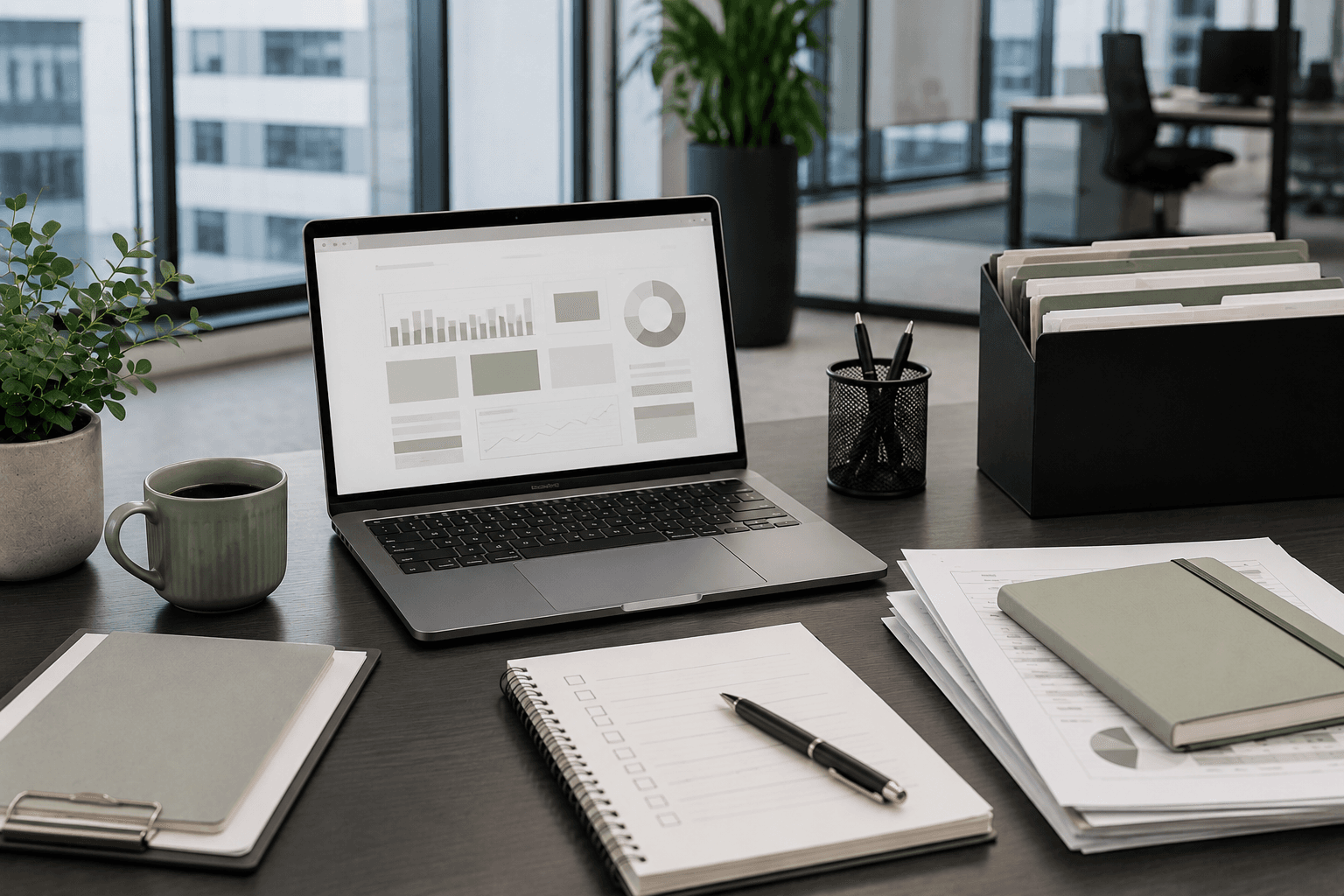 Organized client resource workspace with documents, laptop, and planning materials