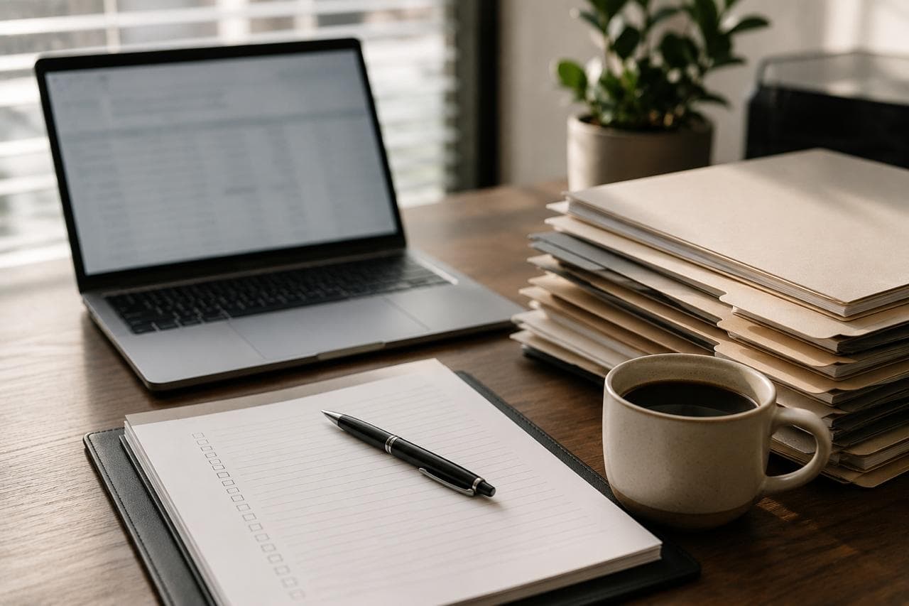 Organized tax season desk with paperwork, laptop, and planning tools