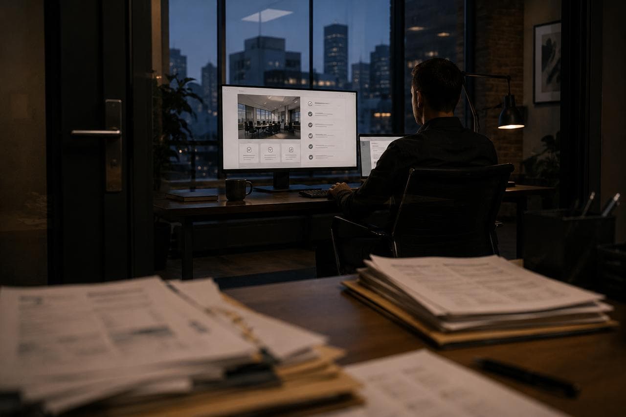 Studio Ledger operator reviewing an accounting website process from an office at night