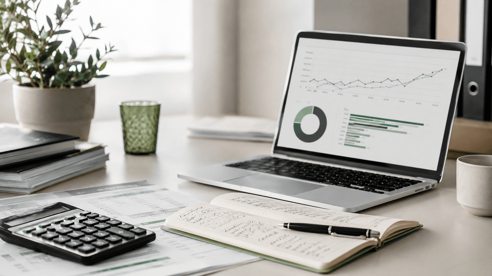 Accounting firm SEO analytics workspace with laptop charts, financial reports, and planning notes