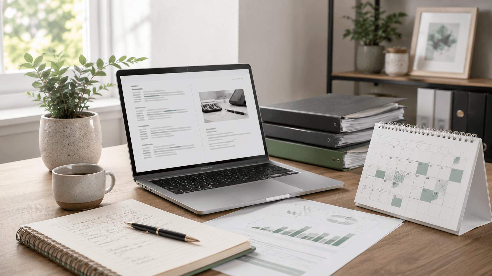 Local search visibility workspace with map results on a laptop beside accounting documents