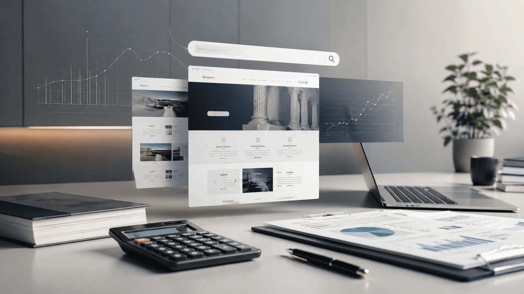 Accounting website search visibility workspace with website mockups, search interface, and performance charts