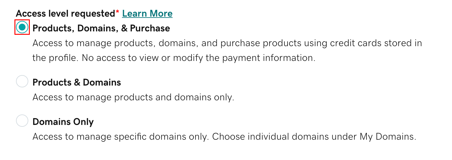 GoDaddy Delegate Access screen showing access level selection