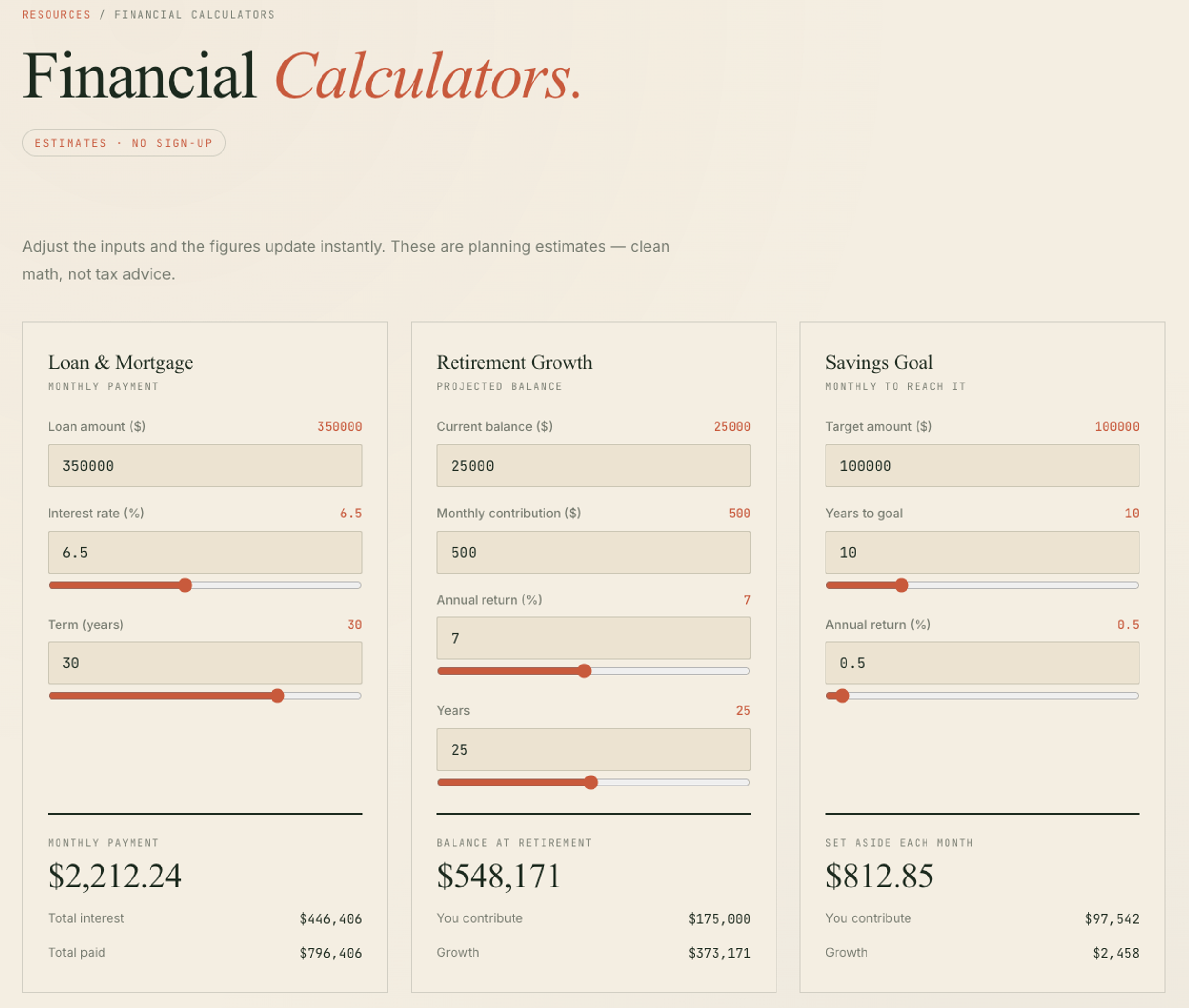 Example financial calculators page with loan, retirement, and savings calculators