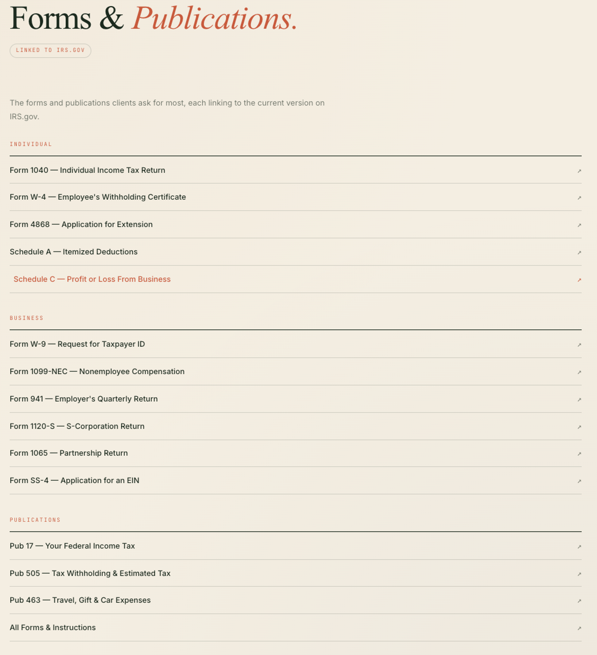 Example forms and publications page with common individual, business, and IRS publication links