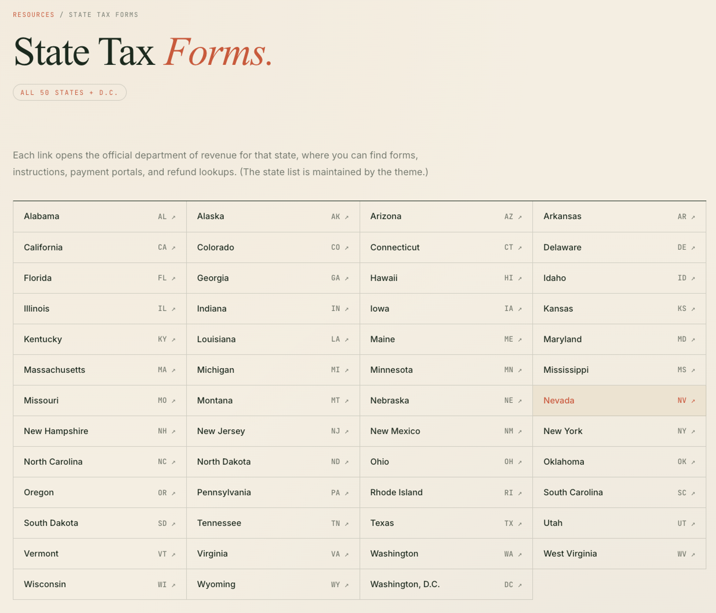 Example state tax forms page with a grid of state department of revenue links