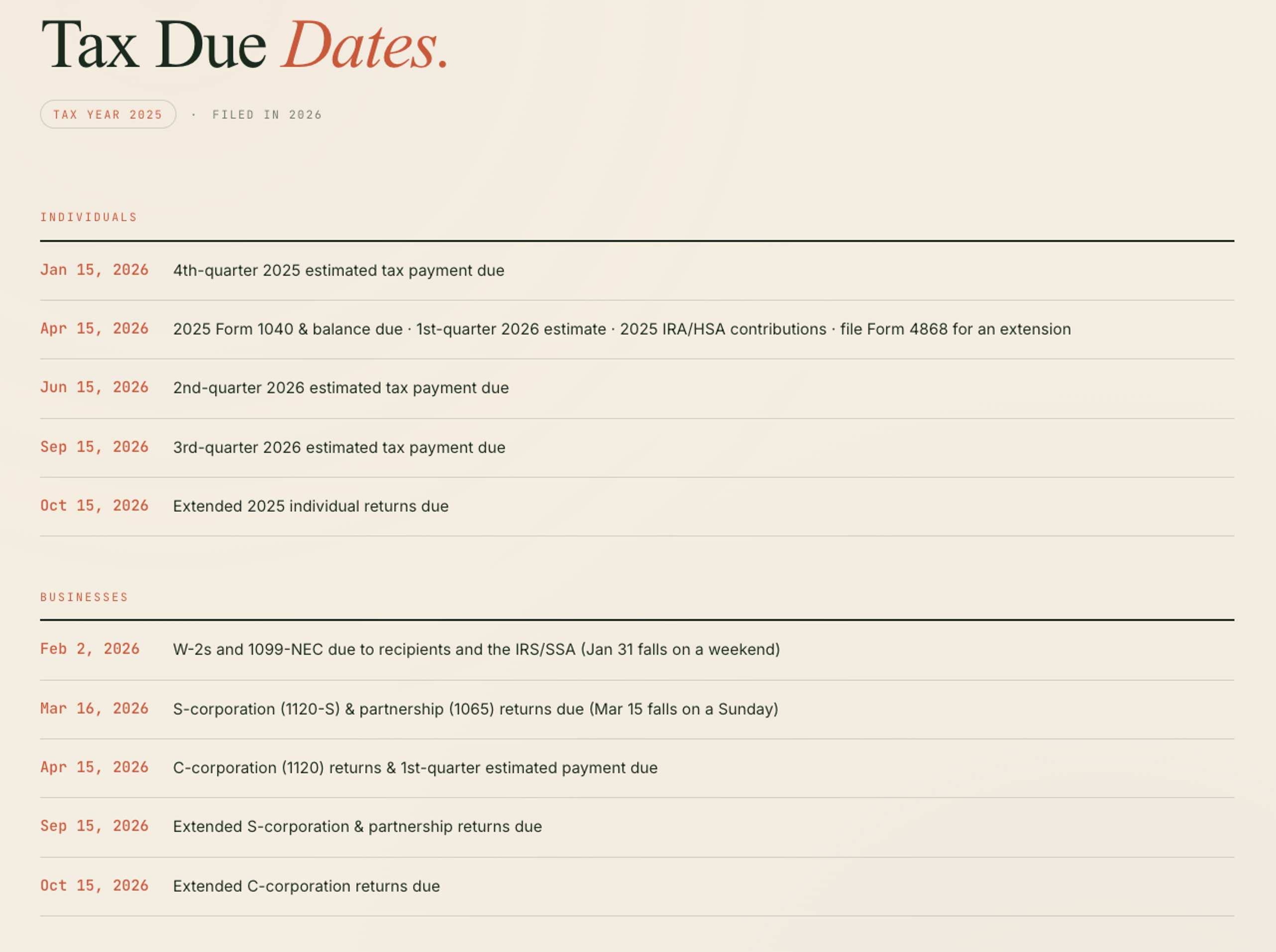 Example tax due dates page with individual and business tax deadlines