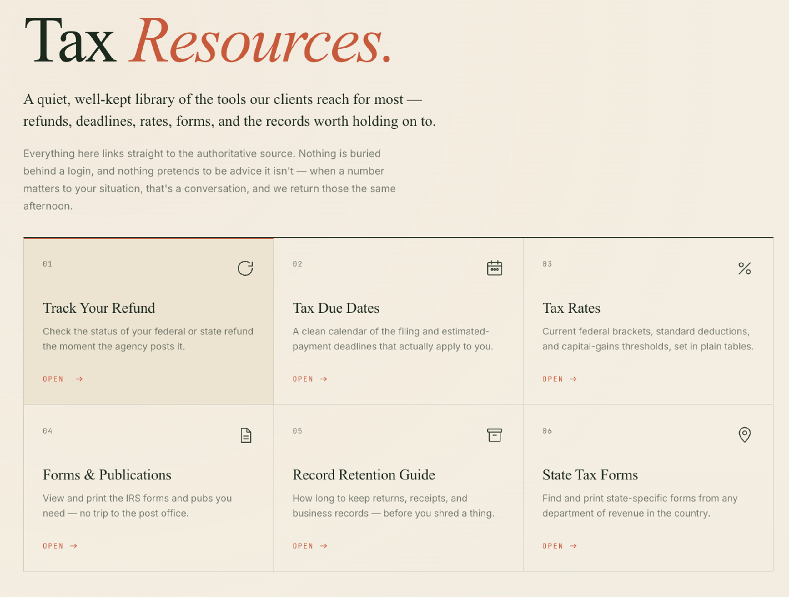 Example tax resources page with refund tracking, tax due dates, tax rates, forms, record retention, and state tax forms